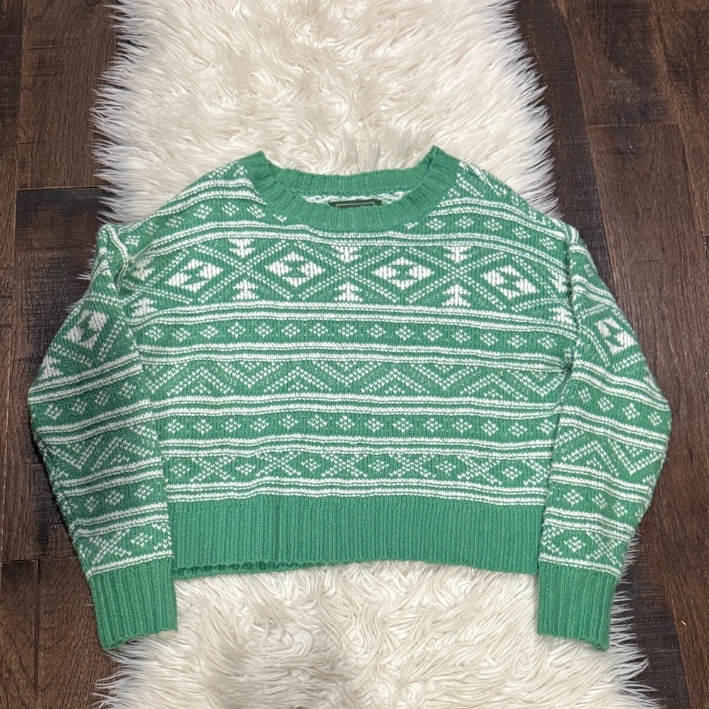American Eagle Green Fair Isle Cropped Sweater